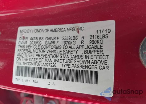 2020 Honda Accord Sport из США, поврежденный, VIN 1HGCV1F37LA027220